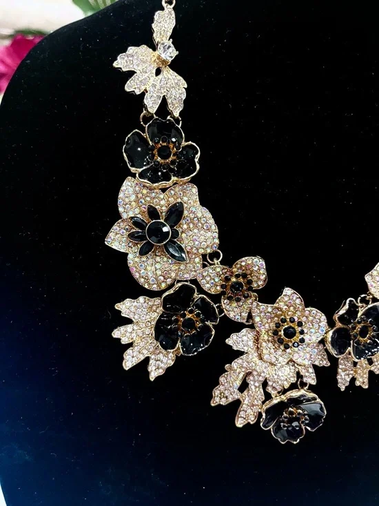 Natasha Couture Gold and Black Floral Crystal Statement Necklace - Picture 5 of 9